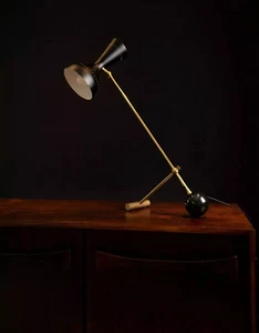 Brass Table Lamps 1920's Century Stilnovo Italian Enamel Glossy Black Hand Made - Picture 1 of 4