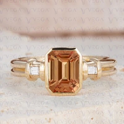 3.30ct Emerald Cut Natural Morganite Gemstones Diamond Ring Real 14K Yellow Gold - Imagem 1 de 4