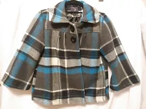 Forever TWENTYONE Peacoat WOOL Jacket Coat women S Black Gray Ivory Plaid Teal - Picture 1 of 8