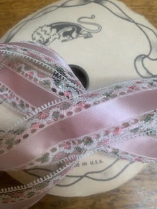 4 yards  ~ Vintage  1 1/2 inch Millinery Pink Satin ribbon W/Lace Trim - Picture 1 of 1