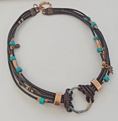 Bohemian Necklace Multi Leather Cord Artisan Turquoises Tone Beads Charm Boho 17 - Image 1 of 4