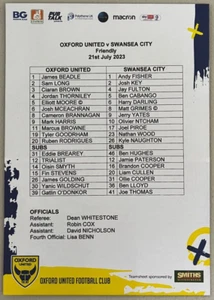 Oxford United v Swansea City - Official A5 T/S - Played 21/07/2023 - For Charity - Picture 1 of 1