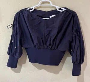 Top Zimmermann blu navy taglia 3/US 10 maniche increspate zip posteriore cotone seta a7 - Foto 1 di 7