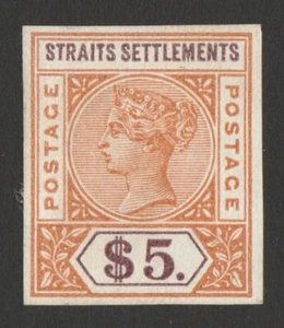 MALAYA - STRAITS SETTLEMENTS 1892 QV Tablet $5 imperf proof colour trial. UNIQUE - Picture 1 of 1