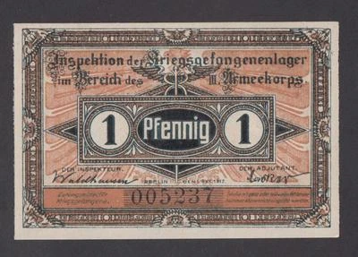 🔴GERMANY  1 Pfennig 1917 UNC POW-WWI Concentration Camp III Armee-Korps CROSSEN - Image 1 of 2