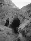Henan Province China, Man Standing Near Tunnel In Loess Mountains Old Photo