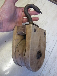 Vintage Wood Metal Large 11" Block & Tackle Pulley Hoist Tool Great Plant Hanger - Picture 1 of 12