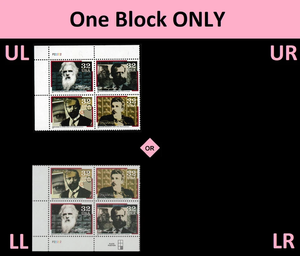 US 3061-3064 3064a Pioneers of Communication 32c plate block 4 P22222 MNH 1996 - Image 1 of 1