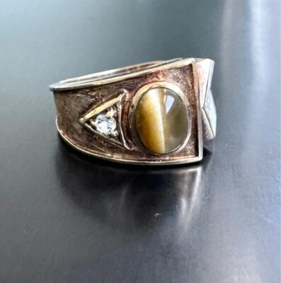 ANILLO DASON HOMBRE ORO AMARILLO Y OJO DE TIGRE Y AGUAMARINA TALLA 9.75 Foto 1 de 4