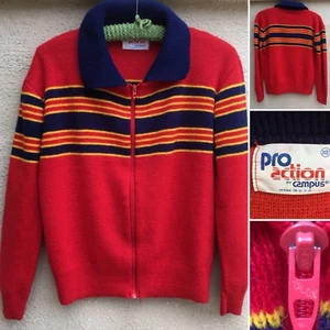 Vintage Pro Action By Campus Zip Front Sweater W/ Collar Striped 70s Boys 18 - Picture 1 of 12