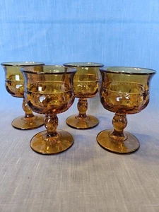 Set Of 4 Vintage Indiana Glass Amber Kings Crown Thumbprint Goblets 4 1/8" - Picture 1 of 6
