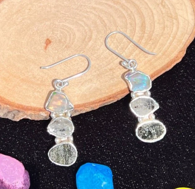 Pendientes de ópalo y moldavita con Herkimer Pendientes de plata 925 para mujer y niña Foto 1 de 1