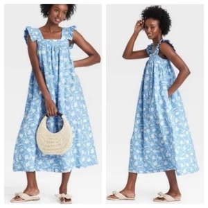 A New Day Maxi Dress Large Blue White Floral Linen Blend Ruffles Pockets Boho - Picture 1 of 8