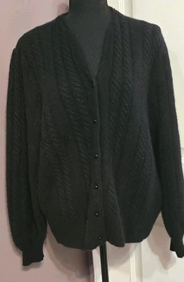 VTG Adele Joyce Angora Lambswool Black Button Up Cardigan Sweater~XL~ V-Neck - Image 1 of 4