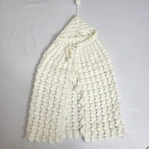White Crochet Hooded Cape Poncho with Pom Poms Christening Church Holiday - Picture 1 of 5