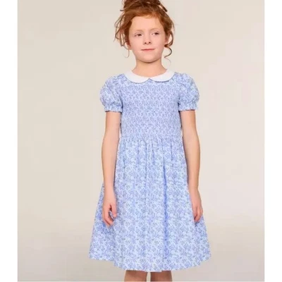 Girls Floral Dress Short Sleeve Peter Pan Collar Blue Smocked Summer Spring - Image 1 of 4