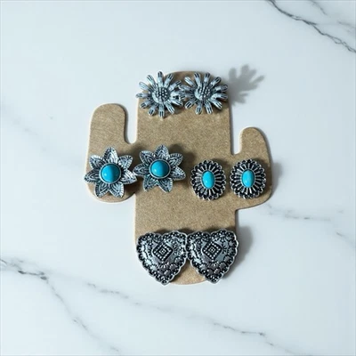 Silver and Turquoise Western Rodeo Heart and Floral Earrings Set - Image 1 of 4