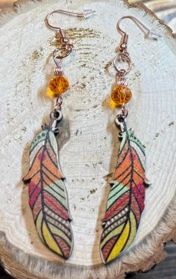 NEW Colorful Wood Feather Earrings w/ Orange Glass Faceted Beads - Image 1 of 3