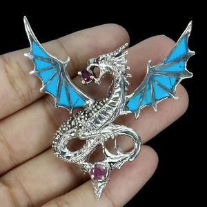 925 Sterling Silver Brooch Round Ruby Turquoise Marcasite Dragon Gemstone - Picture 1 of 14