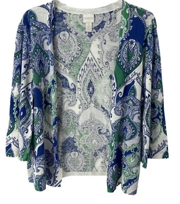 Chicos Cardigan Women Large Irena Ikat Paisley Print Knit Open Front 3/4 Sleeves - Image 1 of 4