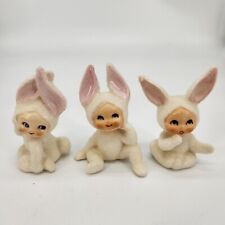 3 Vintage Easter Lefton Snow Baby Bunny Rabbit Ceramic Figurine Mica Pixie Set