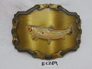 FIBBIA CINTURA VINTAGE TROTA ARCOBALENO PESCE MOSCA PESCA TROFEO 3D tono oro colore - Foto 1 di 9