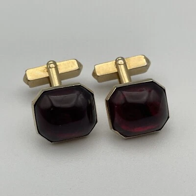 Hermoso Par de Gemelos Vintage Swank Profundo Rubí Rojo Chapado en Oro Piedra Abovedada Foto 1 de 4