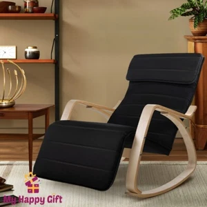 Artiss Bentwood Rocking Armchair Wooden Adjustable Lounge Fabric Recliner Black - Picture 1 of 9