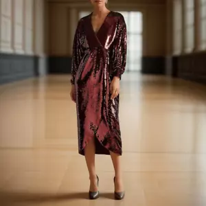 Ted Baker Emaleee Sequin Wrap Plunge Neck Midi Dress Size 2 US 4-6 Dark Red Glam - Picture 1 of 11