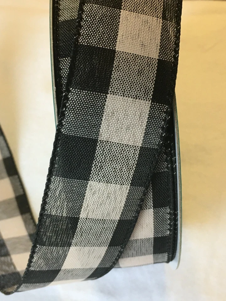 5 Yds.  BLACK & TAUPE BUFFALO PLAID WIRE EDGE RIBBON  1 1/2" wide - Image 1 of 1