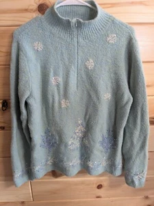 Talbots Petites Blue Sparkle Beaded Wool Blend Stretch Christmas Tree Sweater L - Picture 1 of 6