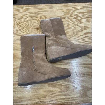 Botas Aquatalia para mujer 11 marrón gamuza piel tacón de cuña liso media pantorrilla cremallera lateral S43 Foto 1 de 4