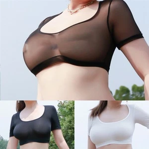Women's Ice Silk Mesh Sheer See Through Crop Top T Shirt Blouse Tee Lingerie - Picture 1 of 23