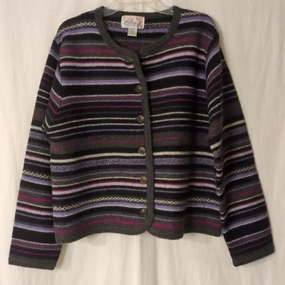Tally Ho Wool Cardigan Sweater Purple Striped XL Pollak  Woman Vintage  - Image 1 of 4
