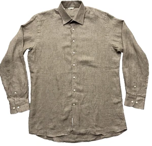 SUITSUPPLY Camicia elegante uomo marrone chiaro canclini lino manica lunga taglia 17 43 - Foto 1 di 12