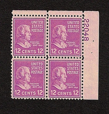 United States stamps 817 - 12c Taylor plate block 4 - 1938 MNH BkBLUE - Image 1 of 2