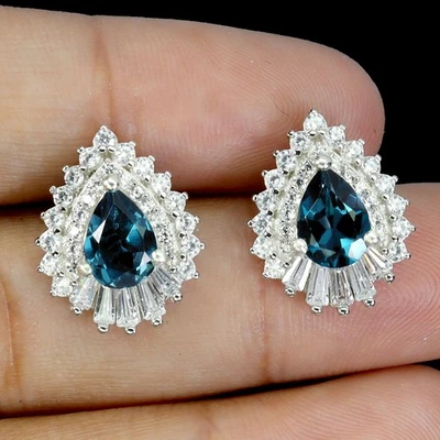 925 Sterling Silver Earrings Pear London Blue Topaz 7x5mm Gemstone Jewelry - Image 1 of 4