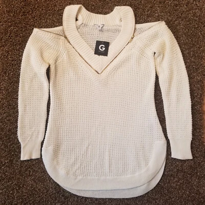 GUESS Mara Zip Cold Shoulder Knit Sweater White - Womens Size Large - Image 1 of 4