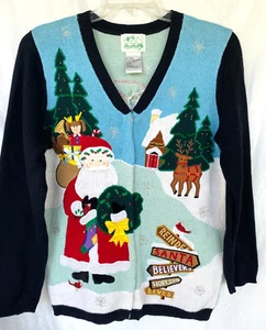 QUACKER FACTORY..CARDIGAN..CHRISTMAS..SWEATER..SANTA REINDEER ANGELS..S - Picture 1 of 4