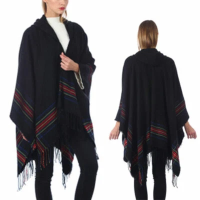 Hombres Mujeres Mezcla de Lana Rayas Mantón con Capucha Capa Boho Gitano Hippie Capa Poncho Foto 1 de 4