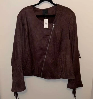 Chaqueta de Moto LANE BRYANT Marrón Imitación Gamuza con FRINGE! Cremallera lateral ~ ¡NUEVO CON ETIQUETAS! Talla 26/28 Foto 1 de 3