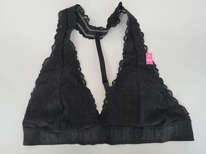Victoria’s Secret PINK Medium Black Lace Bralette Removal Padding Halter Bra - Picture 1 of 9