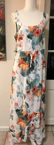 ROCKMANS MAXI DRESS SIZE 10. White And Floral. Stretchy Waist. Long. NWT - Picture 1 of 5