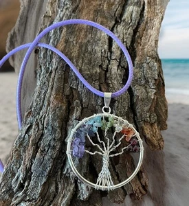 Tree Of Life Multi Gemstone Wire Wrapped Necklace-Sterling Silver Plated-New - Bild 1 von 3