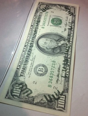 Major FULL Dark Green Overinked Offset Printing Error 1993 $100- Back on Front - Image 1 of 4