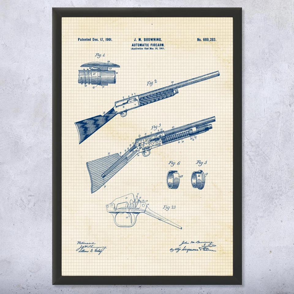 J.M. Browning Automatic Firearm Patent Print – Vintage Shotgun Design from 1901 - Image 1 of 1