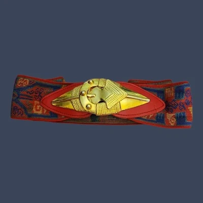 Vtg OMEGA 1980s Egyptian Colorful Patterned Gold Arrow Buckle Elastic Belt Large - Image 1 of 4