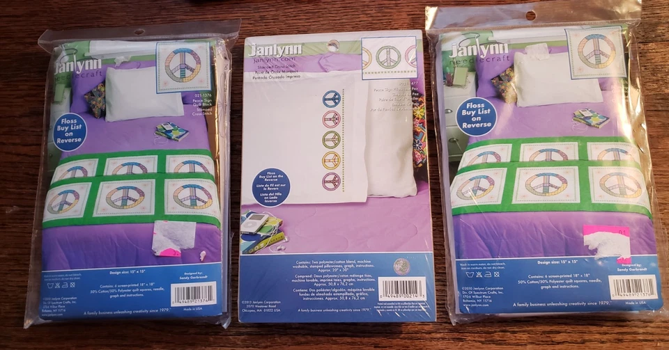 Janlynn Stamped Cross Stitch Quilt Blocks Peace Sign 449281