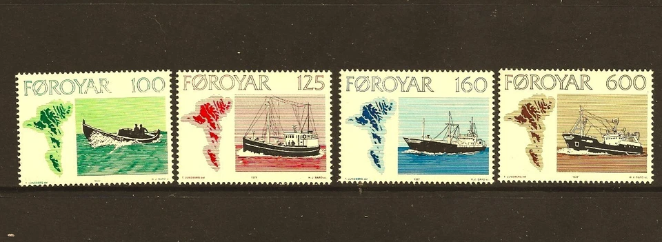 Islas Feroe 1977, barcos pesqueros, juego completo de 4 sellos, como nuevo con bisagras Foto 1 de 1