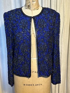 Vintage Women’s Cobalt Blue , Blk Grey Beaded Silk Chiffon Jacket Sz S Pre-owned - Picture 1 of 8